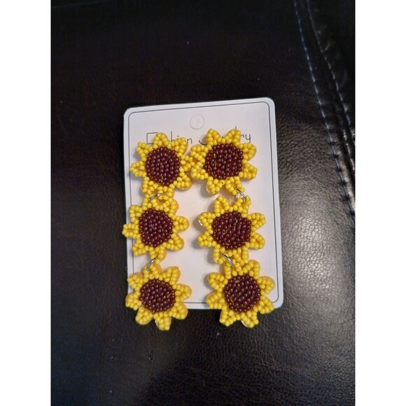 3 Three Yellow Seed Beaded Sunflower Dangle 3.1" L Earrings FREE SHIP - 2 Items - Picture 4 of 5